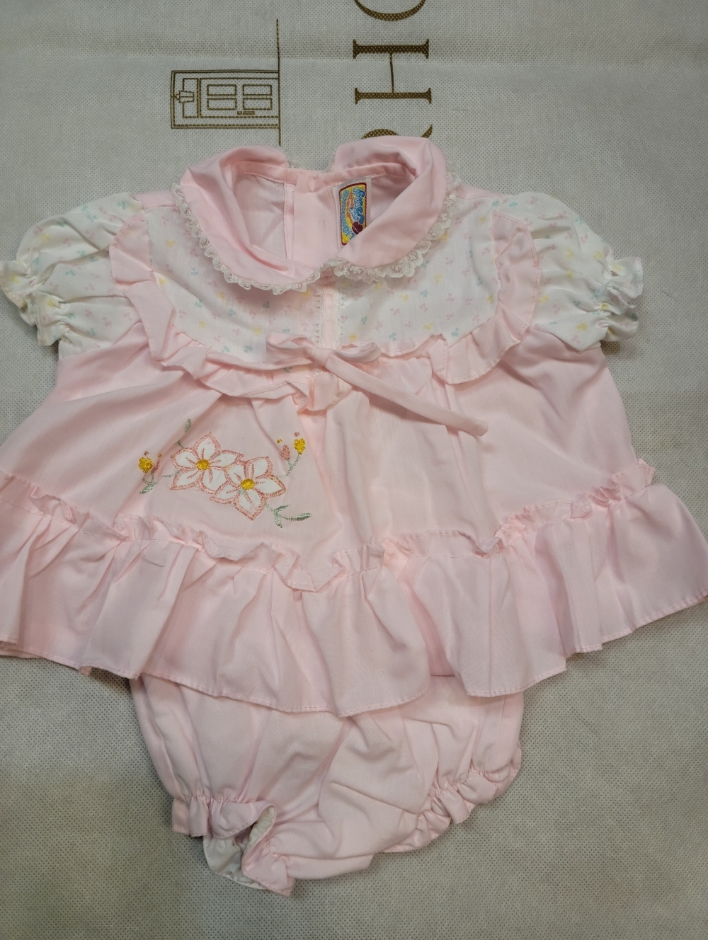 Vintage pink ruffle lace trim lightening Bug Dress bloomers 0-3m